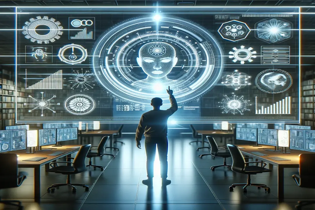una persona trabajando en una oficina futurista