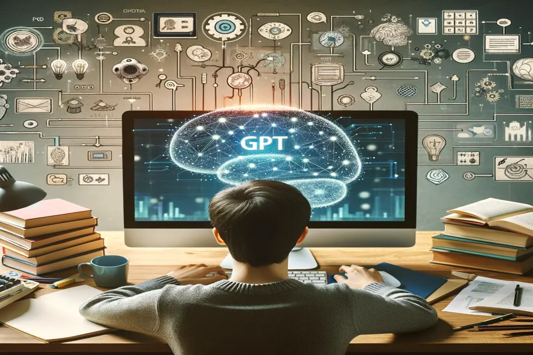 una persona estudiando o investigando en su computadora, rodeada de libros y notas. sobre la pantalla de la computadora, hay íconos o elementos visuales